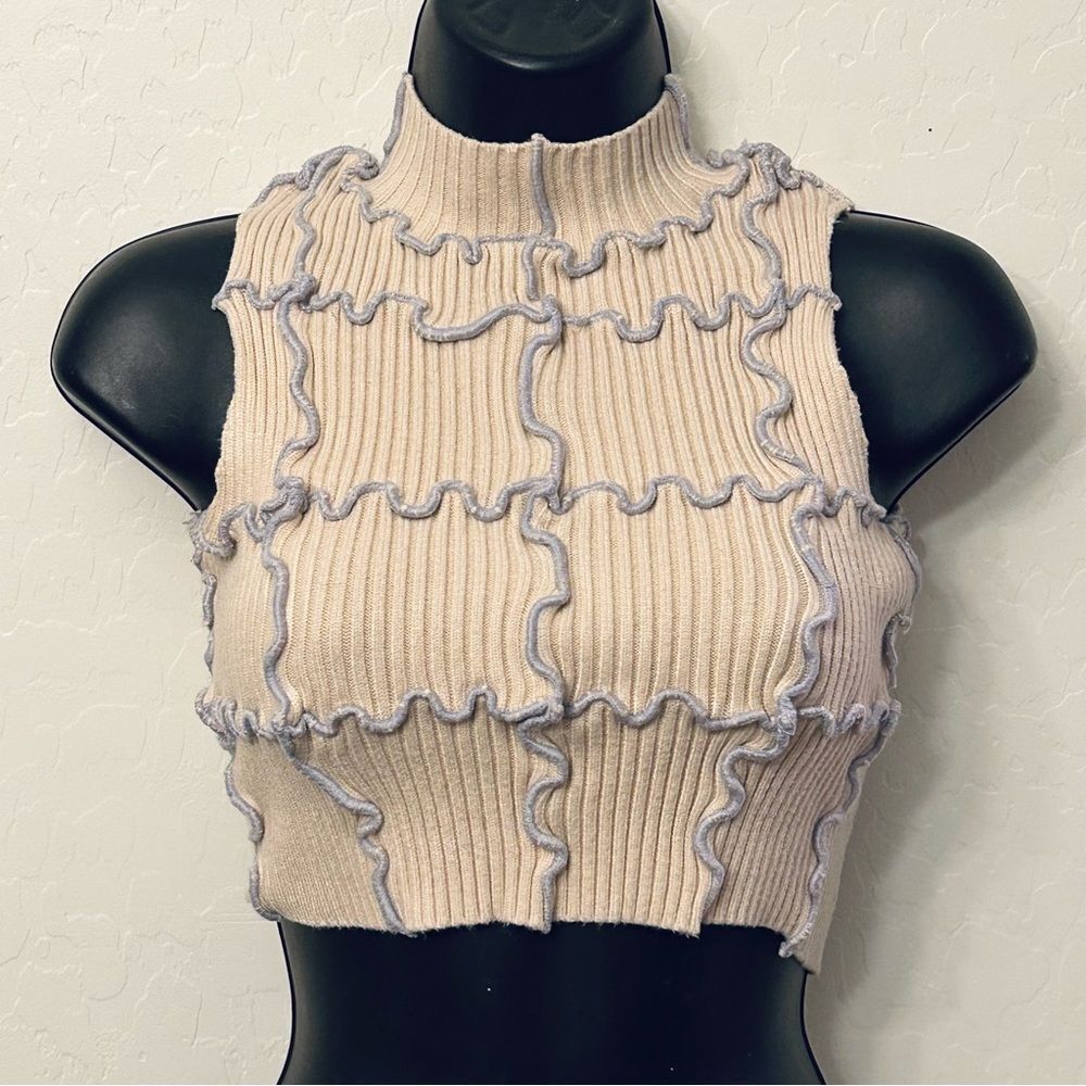Knit Cream and Purple Ribbed lettuce Ruffled Sleeveless Crop Mock Tank Top S